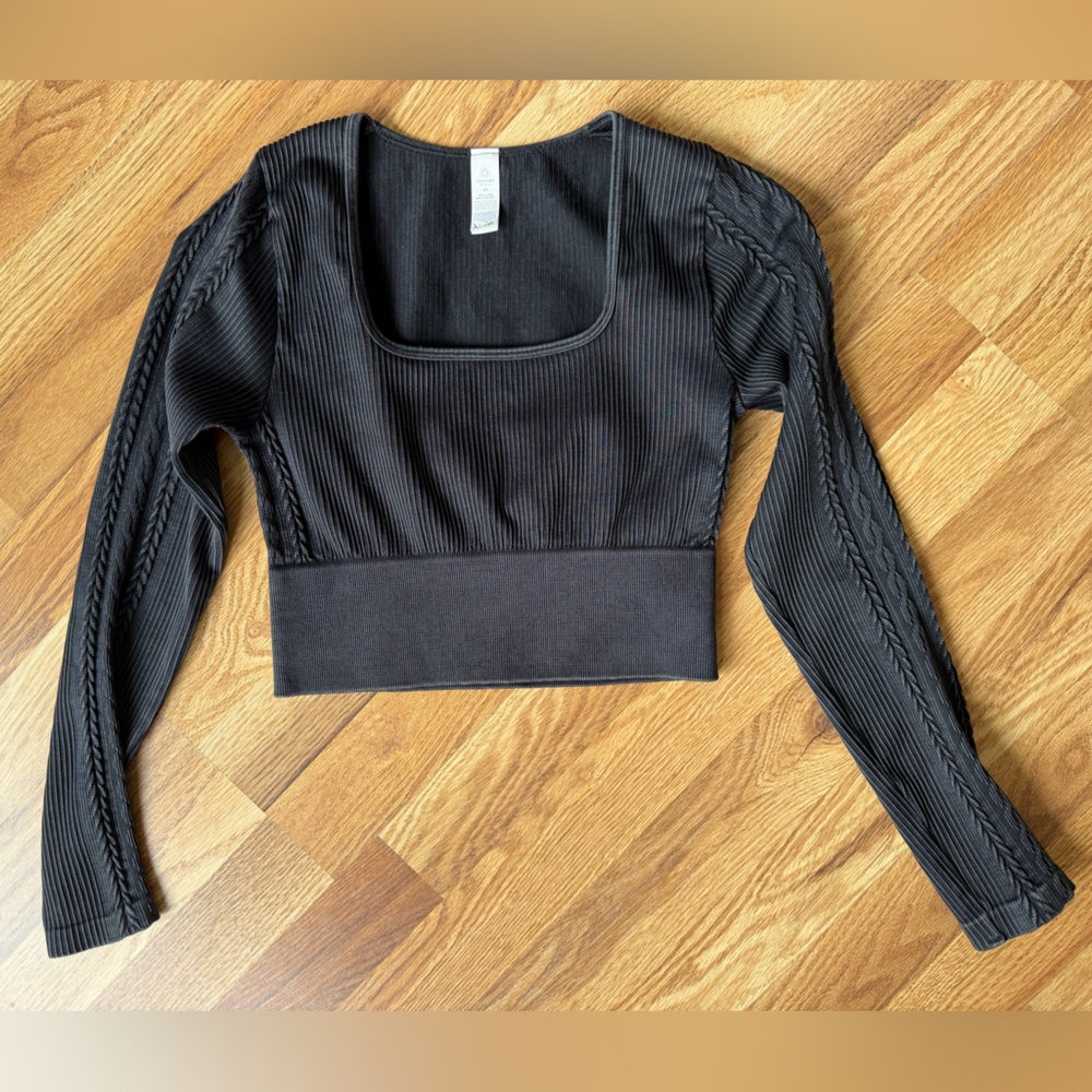 aerie Offline Black Gray Ribbed Long Sleeve Crop Top Size Small